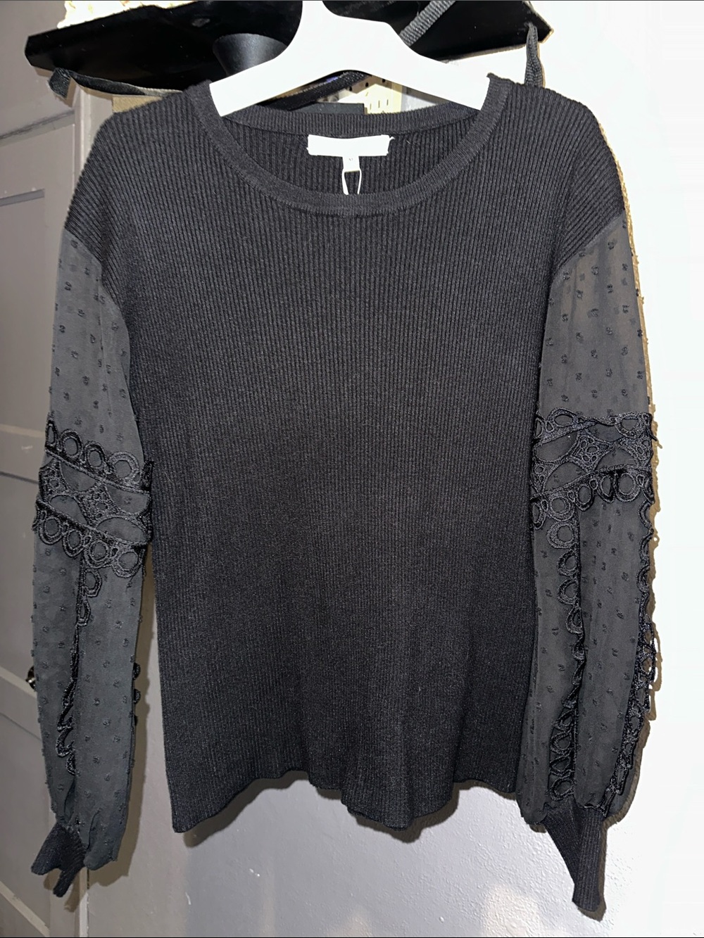 Sioni Black Knit Sweater with Lace-Embellished Sleeves